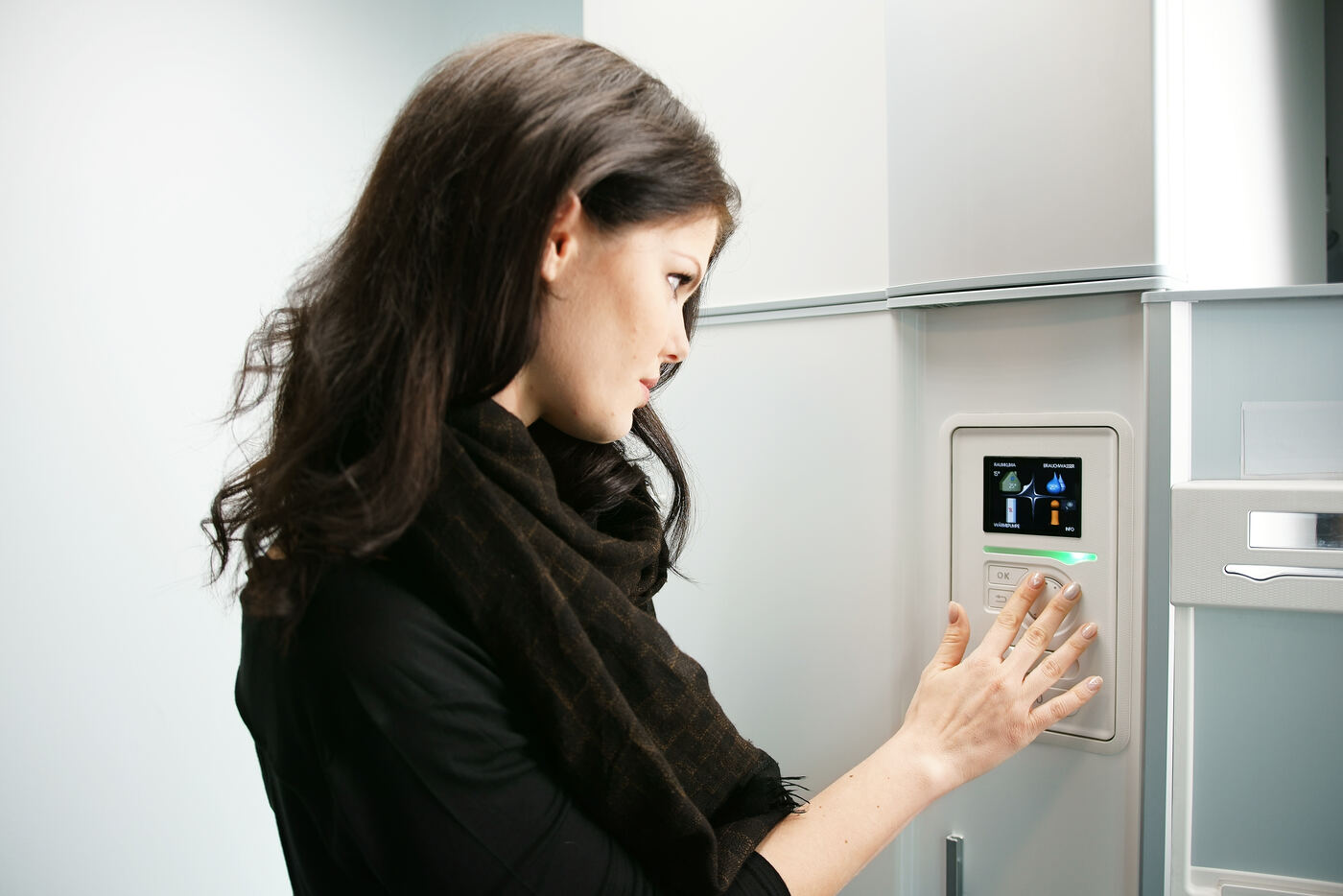Homeowner adjusting the NIBE heat pump display