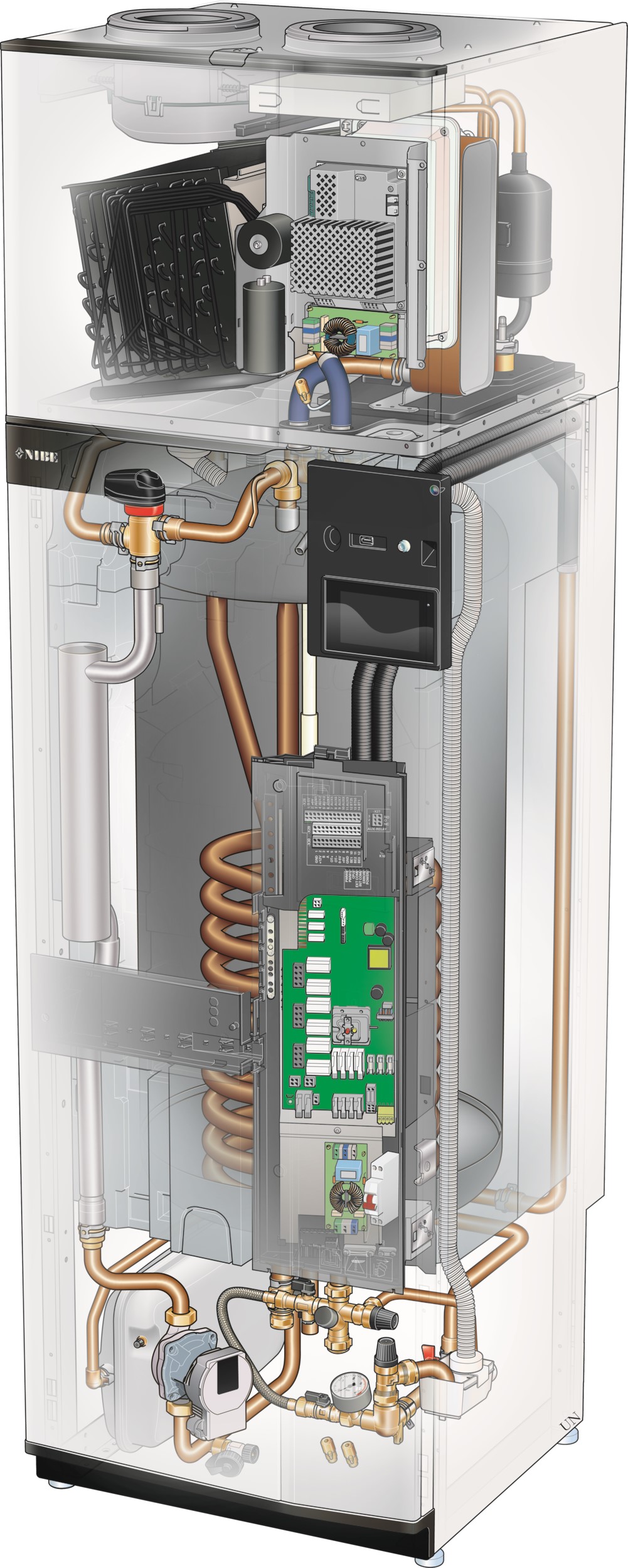 Cutaway of the NIBE S735 showing the compressor module, stainless steel cylinder and control board